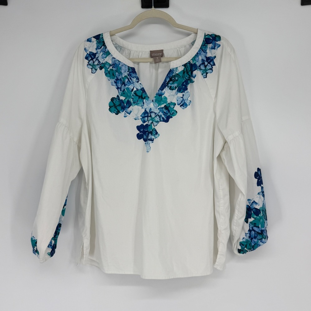 Chico's White Blue Floral V-Neck Peasant Blouse Top‎ Size 3 XL